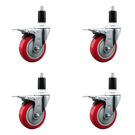 Service Caster 4'' SS Red Poly Swivel 1-3/8'' Expanding Stem Caster Set Total Lock Brake, 4PK SCC-SSEXTTL20S414-PPUB-RED-138-4